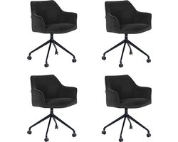 Bronx71® Eetkamerstoel met wieltjes Quinn zwart velvet - Eetkamerstoelen set van 4 - stoel