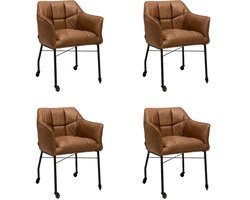 Bronx71® Eetkamerstoel met wieltjes Royce eco-leer cognac - eetkamerstoelen set van 4 - stoel