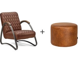 Bronx71® Industriële fauteuil Ivy en poef Kyla eco-leer cognac