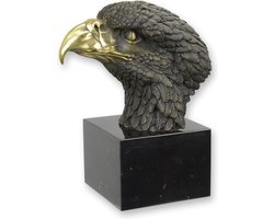 Bronzen Adelaarskop Beeld – Beelden & Sculpturen – bronzen adelaar sculptuur decoratie - Massief brons – Fijn gedetailleerd – Op marmeren sokkel - 27,8 cm hoog – Goud/Zwart