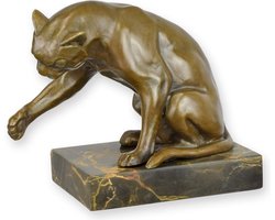 Bronzen beeld kat spelend - Sculptuur & beeldje - bronzen kattenbeeld decoratie interieur cadeau - Fijn afgewerkt - Realistische vormen - Tijdloze luxe uitstraling - 14x17x9,8 cm - Bronskleur
