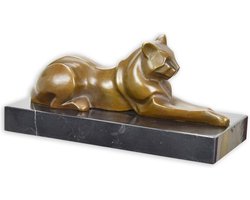 Bronzen beeld liggende kat – Sculptuur & woondecoratie – bronzen kat beeldje, Art Deco stijl, marmeren sokkel - elegant interieuraccent – tijdloos – luxe cadeau-idee - 25,5x11,5x12,1 cm / brons-zwart
