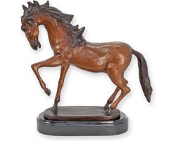 Bronzen beeld Paard op marmeren sokkel – Beelden & Sculpturen – bronzen paardenbeeld, woondecoratie, kunst object – Handgegoten brons – Zwaar 5,3 kg – Tijdloos design – 37 cm hoogte / bruin