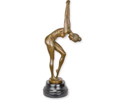 Bronzen Beeld ‘Stretching Vrouw’ – Sculptuur/Woondecoratie – bronzen beeld vrouw naakt rek – handgegoten kwaliteit – luxe patina afwerking – zware sokkel – 58,1 cm hoog – Brons/Zwart