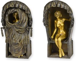 Bronzen Beeld Vrouw Naakt in Strandstoel - Sculptuur & Woondecoratie - bronzen beeld vrouw naakt, art deco, strandstoel - Handgegoten - Luxe afwerking - 20,2 cm Brons/Goud