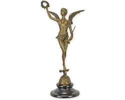 Bronzen beeld Winged Victory met krans – Sculptuur/Decoratief beeld – bronzen sculptuur, gevleugelde overwinning, klassiek decor – Massief brons – Marmeren voet – Fijn gedetailleerd – 37,5 cm / brons