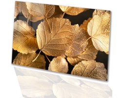 Bronzen bladeren met dauw - Bladeren glazen schilderij - Schilderij planten - Hyperrealisme - Plexiglas schilderij - Muurdecoratie - acrylglas 60x40 cm