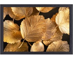 Bronzen bladeren met dauw - Bladeren wanddecoratie - Schilderijen planten - Hyperrealisme - Canvas lijst - Landelijke schilderijen - canvas met baklijst 150x100 cm