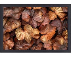 Bronzen bladeren met waterdruppels - Bladeren portret - Wanddecoratie canvas natuur - Hyperrealisme - Canvas art met baklijst - Kunst aan de muur - canvas met baklijst 150x100 cm