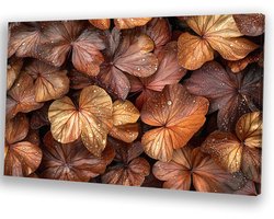 Bronzen bladeren met waterdruppels - Bladeren schilderijen canvas - Muurkunst natuur - Hyperrealisme - Wanddecoratie industrieel - Decoratie woonkamer - canvas 100x75 cm