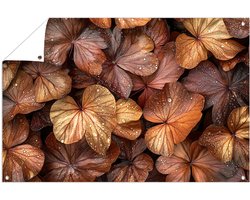 Bronzen bladeren met waterdruppels - Bladeren tuindecoratie - Tuinwanddecoratie natuur - Hyperrealisme - Decoratie voor buitenmuren - Poster voor buitengebruik - tuinposter 45x30 cm