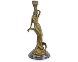 Bronzen kandelaar vrouw op marmeren voet – Antiek ogende decoratie & kunstobject – Klassiek bronzen beeld – 32,7 cm hoog