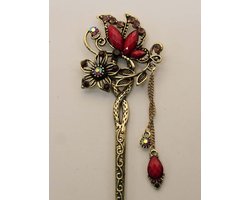 Bronzen knot haarpin vlinder met bloem rode stenen - prachtige vlinder haarstokjes - leuke vlinder haarpin - mooie vlinder haarstok - knot haarstekers - dames haarstekers - stokjes voor dik haar - dames haarstokjes - metalen haarstokjes - haarpinnen