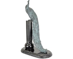 Bronzen Pauw Beeld op Zuil – Woondecoratie Sculptuur – bronzen pauw kunstbeeld – Marmeren voet – Luxe eyecatcher – Klassiek design – Interieur decoratie – 49 cm hoog / Groen patina & Zwart marmer