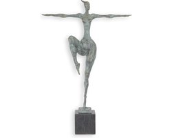 Bronzen sculptuur ‘Dansende Vrouw’ – Beeldhouwwerk & Woondecoratie – bronzen beeld vrouw modern – Handgegoten patina – Abstract modernistisch design – Luxe sokkel – Hoogte 51 cm – Brons/Antiekgroen