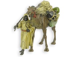 Bronzen Sculptuur Dromedaris met Gids – Beeldje & Woondecoratie – bronzen beeld dromedaris kameel - Handgemaakt – Gedetailleerd – Luxe Cadeau - 13,6 cm Hoog – Bruin/Geel