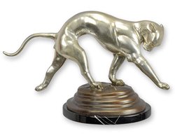Bronzen sculptuur jaguar op marmeren sokkel – Luxe dierbeeld panter/jaguar in looppose – Handgemaakt decoratief kunstbeeld voor interieur en kantoor
