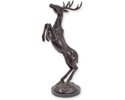 Bronzen sculptuur springend hert op marmeren sokkel – Beeld & woondecoratie – bronzen beeld hert, marmeren voet, kunst – Handgegoten – Luxe afwerking – Tijdloos cadeau – 52 cm hoog / donkerbruin