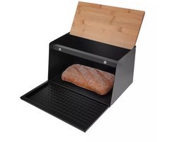 Broodbak van Staal en Bamboe - Zwart - 35,5 x 17(21,5) x 20 cm - Hygienisch en Ecologisch - Broodtrommel - Brooddoos