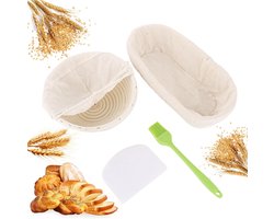 Broodbakset met Rieten Rijsmanden - 2 Stuks Rond 20 cm & Ovaal 28 cm - Natuurlijk Riet met Stoffen Hoes - Inclusief Silicone Olieborstel - Bakaccessoires voor Brood