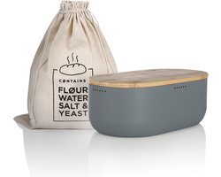 Brooddoos I Metalen brooddoos met linnen broodzak voor langdurige versheid I Brooddoos met bamboe deksel van hoge kwaliteit, te gebruiken als snijplank I 36x19x13cm