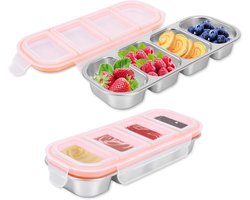 Broodtrommel 2 stuks - Snackbox RVS - Lunch Meenemen - Vier Vakken Lekvrij - 26.5 x 11 x 4 cm