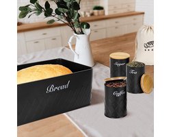 Broodtrommel 5-in-1 set, broodtrommel van metaal met broodzak en 3-delige set voorraaddozen voor langdurige frisheid, zwart met hoogwaardig bamboedeksel, bruikbaar als snijplank, 33 x 18 x 13 cm
