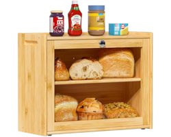 Broodtrommel, bamboe, broodopbergbox met ventilatie, 2 planken en groot kijkvenster, houten brooddoos, voedselveilig, onderhoudsvriendelijk, 40 x 31 x 17,5 cm