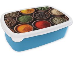 Broodtrommel Blauw - Lunchbox Bakjes - Hout - Kruiden - Kleurrijk - Brooddoos 18x12x6 cm - Brood lunch box - Broodtrommels voor kinderen en volwassenen