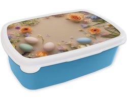 Broodtrommel Blauw - Lunchbox Bloemen - Pastelkleuren - Eieren - Taupe - Brooddoos 18x12x6 cm - Brood lunch box - Broodtrommels voor kinderen en volwassenen