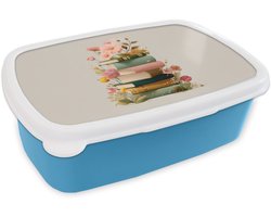 Broodtrommel Blauw - Lunchbox Boeken - Stapel - Bloemen - Kleurrijk - Brooddoos 18x12x6 cm - Brood lunch box - Broodtrommels voor kinderen en volwassenen
