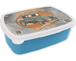 Broodtrommel Blauw - Lunchbox - Brooddoos - Mancave - Auto - Oranje - Grijs - Vintage - 18x12x6 cm - Kinderen - Jongen
