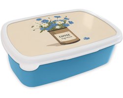 Broodtrommel Blauw - Lunchbox Coffee - Blik - Minimalistisch - Bloemen - Brooddoos 18x12x6 cm - Brood lunch box - Broodtrommels voor kinderen en volwassenen