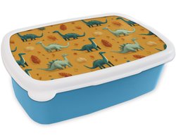 Broodtrommel Blauw - Lunchbox Dinosaurussen - Stekels - Herfstbladeren - Bruin - Brooddoos 18x12x6 cm - Brood lunch box - Broodtrommels voor kinderen en volwassenen