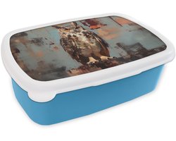Broodtrommel Blauw - Lunchbox Geschilderd - Abstract - Uil - Bruin - Brooddoos 18x12x6 cm - Brood lunch box - Broodtrommels voor kinderen en volwassenen