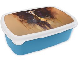Broodtrommel Blauw - Lunchbox Giraf - Bruin - Abstract - Geschilderd - Brooddoos 18x12x6 cm - Brood lunch box - Broodtrommels voor kinderen en volwassenen