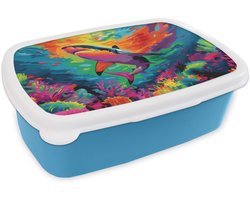Broodtrommel Blauw - Lunchbox Haai - Koraalrif - Abstract - Kleurrijk - Brooddoos 18x12x6 cm - Brood lunch box - Broodtrommels voor kinderen en volwassenen