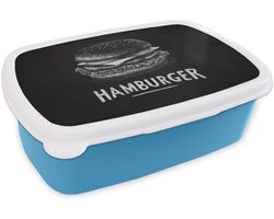 Broodtrommel Blauw - Lunchbox Hamburger - Krijttekst - Zwart - Wit - Brooddoos 18x12x6 cm - Brood lunch box - Broodtrommels voor kinderen en volwassenen