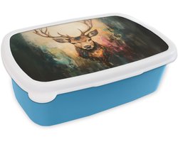 Broodtrommel Blauw - Lunchbox Hert - Geverfd - Gewei - Bruin - Brooddoos 18x12x6 cm - Brood lunch box - Broodtrommels voor kinderen en volwassenen