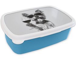 Broodtrommel Blauw - Lunchbox Hondje - Wijnglas - Zonnebril - Enthousiast - Brooddoos 18x12x6 cm - Brood lunch box - Broodtrommels voor kinderen en volwassenen