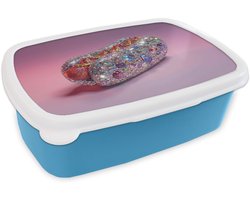 Broodtrommel Blauw - Lunchbox Hotdog - Steentjes - Glitters - Paars - Brooddoos 18x12x6 cm - Brood lunch box - Broodtrommels voor kinderen en volwassenen