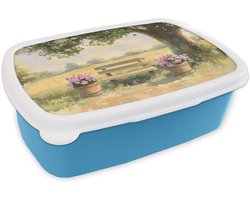 Broodtrommel Blauw - Lunchbox Houten bankje - Bloempotten - Landschap - Brooddoos 18x12x6 cm - Brood lunch box - Broodtrommels voor kinderen en volwassenen