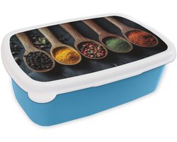 Broodtrommel Blauw - Lunchbox Houten - Lepels - Specerijen - Kruiden - Brooddoos 18x12x6 cm - Brood lunch box - Broodtrommels voor kinderen en volwassenen
