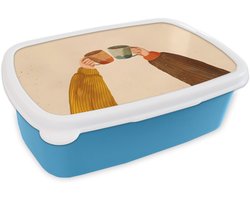 Broodtrommel Blauw - Lunchbox Illustratie - Mokken - Proosten - Bruin - Brooddoos 18x12x6 cm - Brood lunch box - Broodtrommels voor kinderen en volwassenen