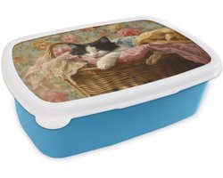Broodtrommel Blauw - Lunchbox Kat - Bloemenprint - Rieten mand - Brooddoos 18x12x6 cm - Brood lunch box - Broodtrommels voor kinderen en volwassenen
