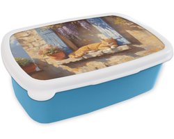 Broodtrommel Blauw - Lunchbox Kat - Stenen vensterbank - Bloemen - Brooddoos 18x12x6 cm - Brood lunch box - Broodtrommels voor kinderen en volwassenen