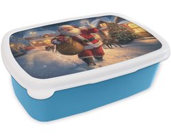 Broodtrommel Blauw - Lunchbox Kerstman - Dorp - Hert - Donker - Brooddoos 18x12x6 cm - Brood lunch box - Broodtrommels voor kinderen en volwassenen