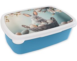 Broodtrommel Blauw - Lunchbox Konijn - Eieren - Mand - Brooddoos 18x12x6 cm - Brood lunch box - Broodtrommels voor kinderen en volwassenen