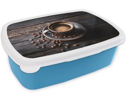 Broodtrommel Blauw - Lunchbox Kop - Koffie - Hout - Bonen - Brooddoos 18x12x6 cm - Brood lunch box - Broodtrommels voor kinderen en volwassenen