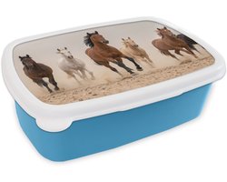 Broodtrommel Blauw - Lunchbox Kudde paarden - Stofwolk - Bruin - Zwart - Brooddoos 18x12x6 cm - Brood lunch box - Broodtrommels voor kinderen en volwassenen